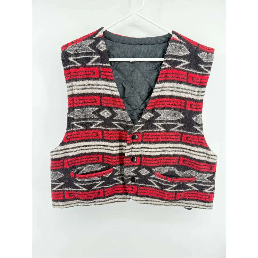 Reversible Wool Aztec Western Vest Quilted Lined Southwestern Ranch Large